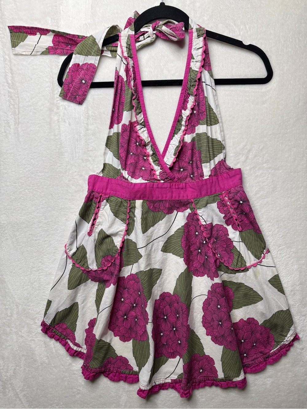Vintage Floral Ruffled Halter Dress Style Hostess Pinup Kitchen Apron